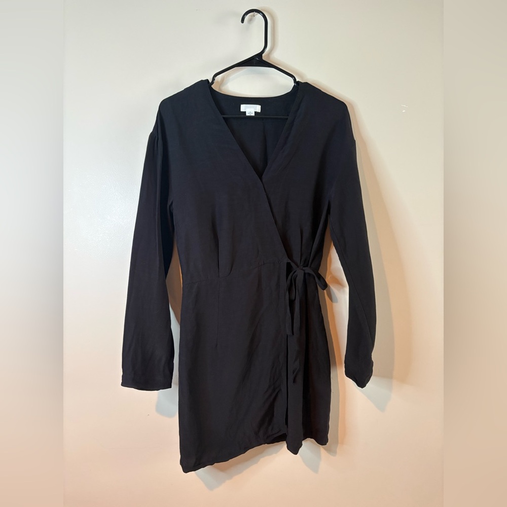 Arket Black Viscose Linen Long Sleeve Wrap Mini Dress EUC